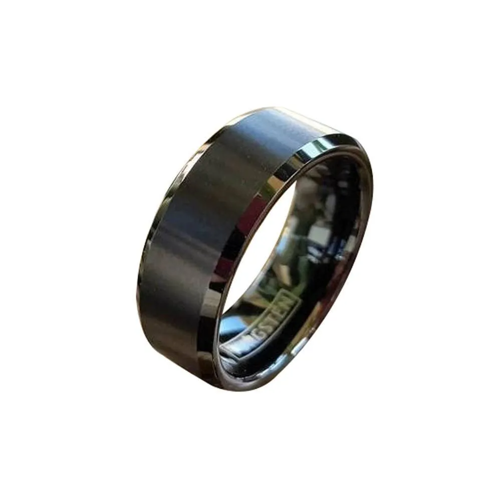 Men's Black Tungsten Ring w/ Brushed Finish and High Polished Beveled Edges 6mm & 8mm
