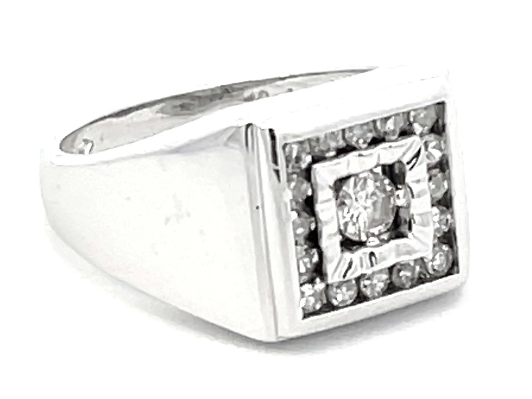 Mens Diamond Halo Pinky Ring in 14k White Gold