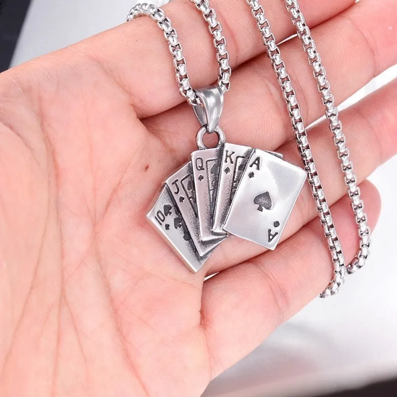 Men's Hip Hop Poker Card AKQJ10 Heart Flush Pendant Necklace