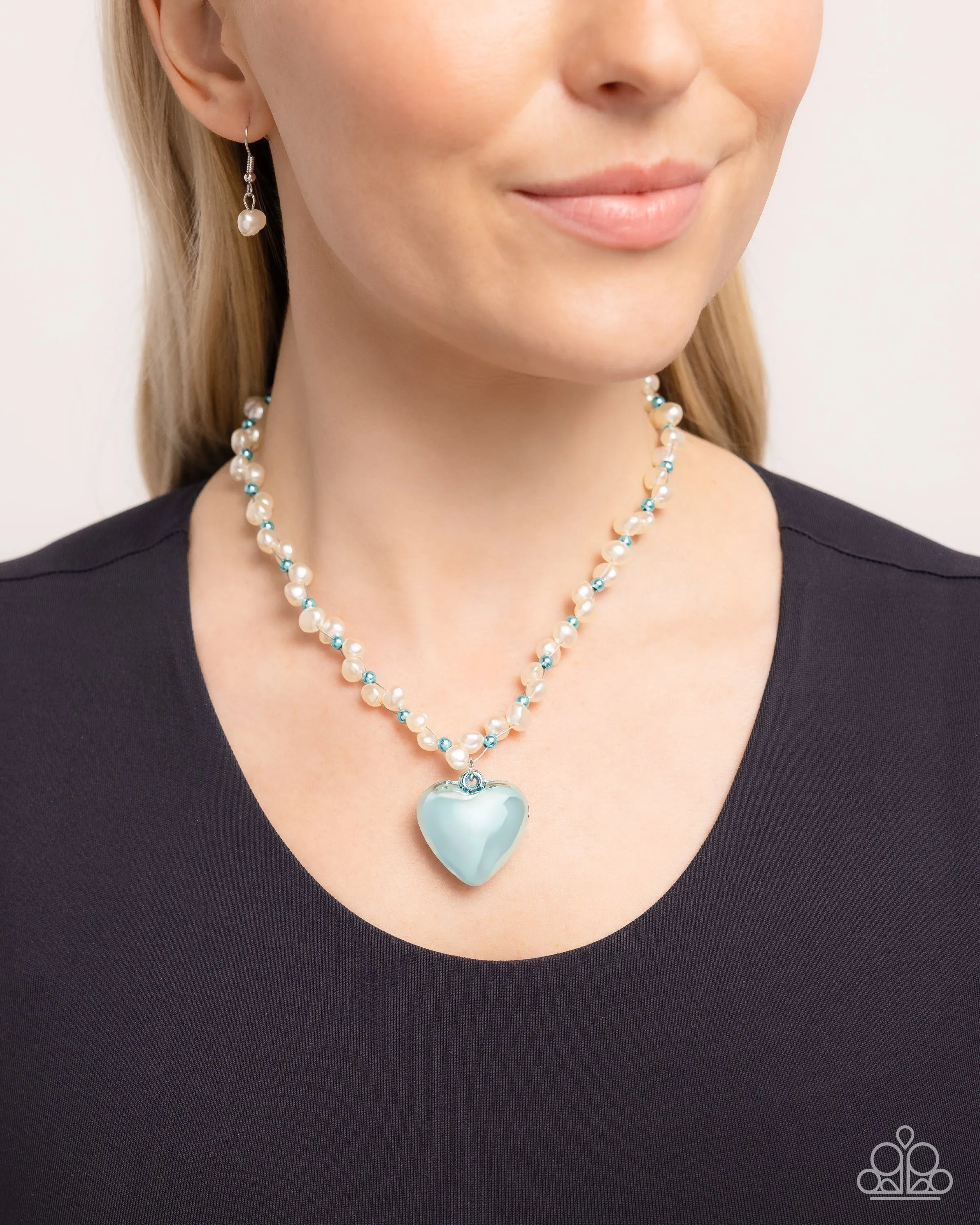 Mermaid Model - Blue - Metallic Bead and Heart White Baroque Pearl Paparazzi Short Necklace