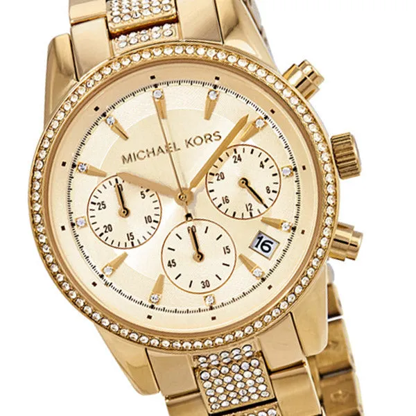 Michael Kors Ritz Gold Stainless Steel Gold Dial Chronograph Quartz Watch for Ladies - MK6484