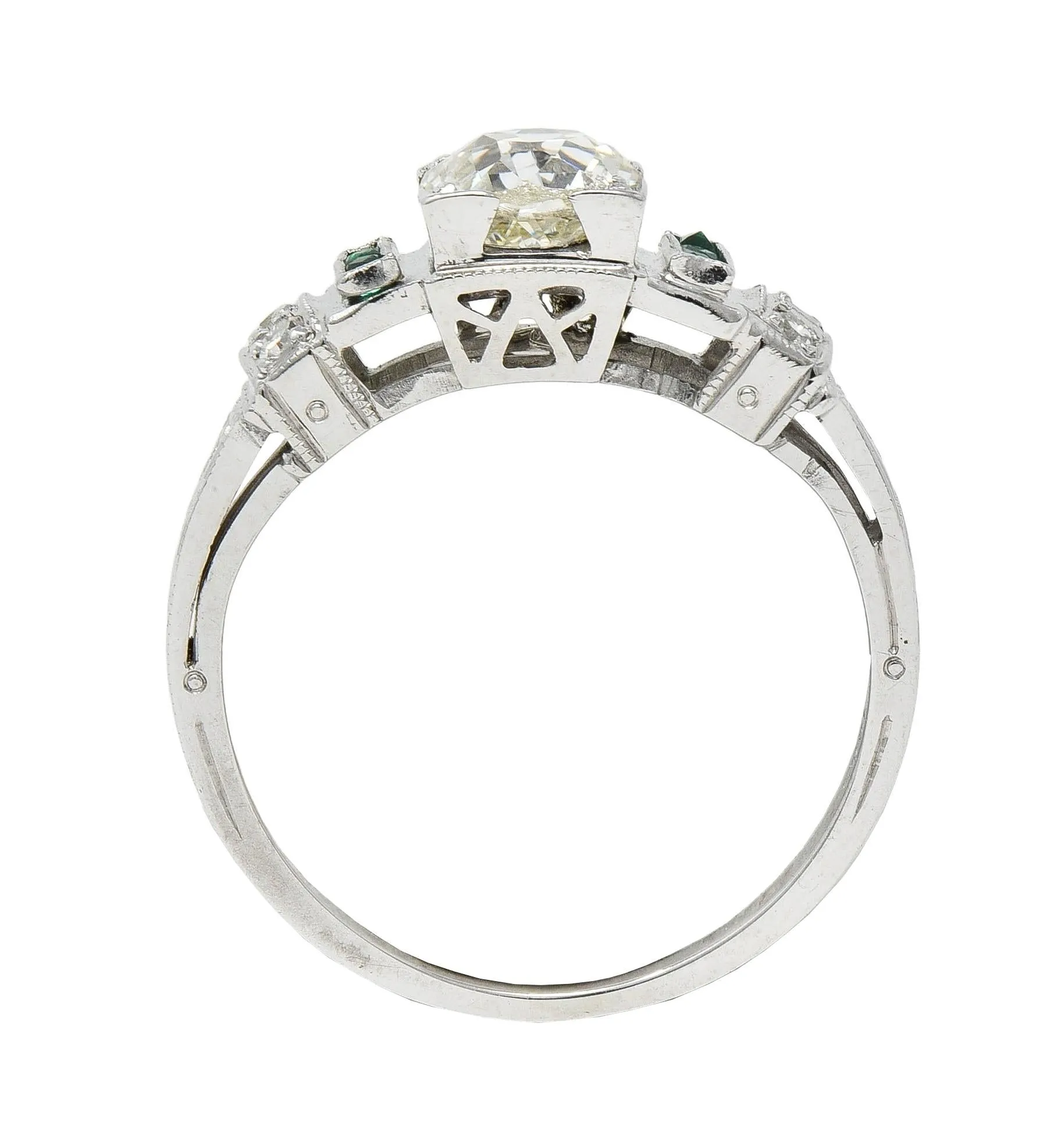 Mid-Century Old European Diamond Emerald 18 Karat White Gold Vintage Stepped Engagement Ring