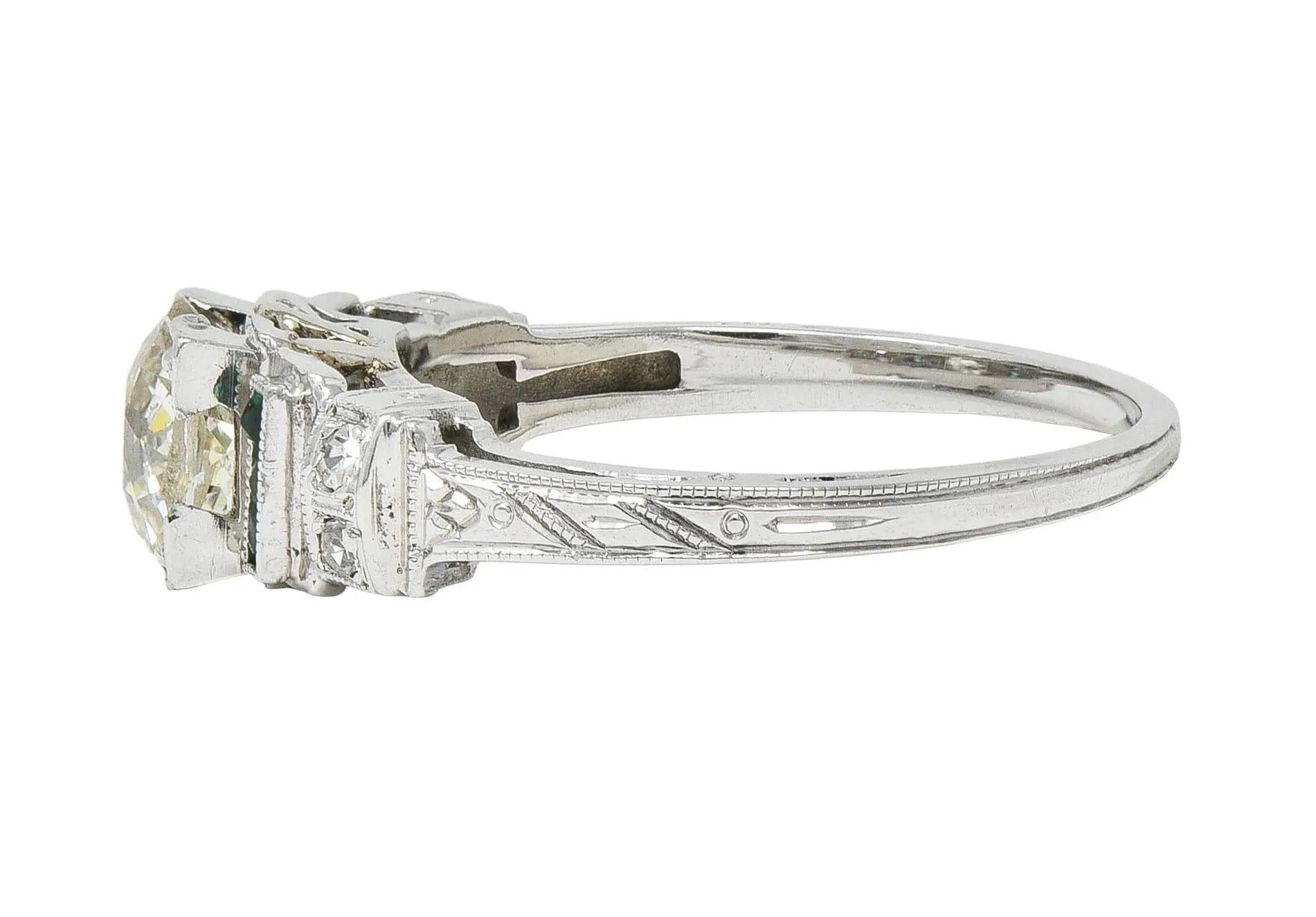 Mid-Century Old European Diamond Emerald 18 Karat White Gold Vintage Stepped Engagement Ring