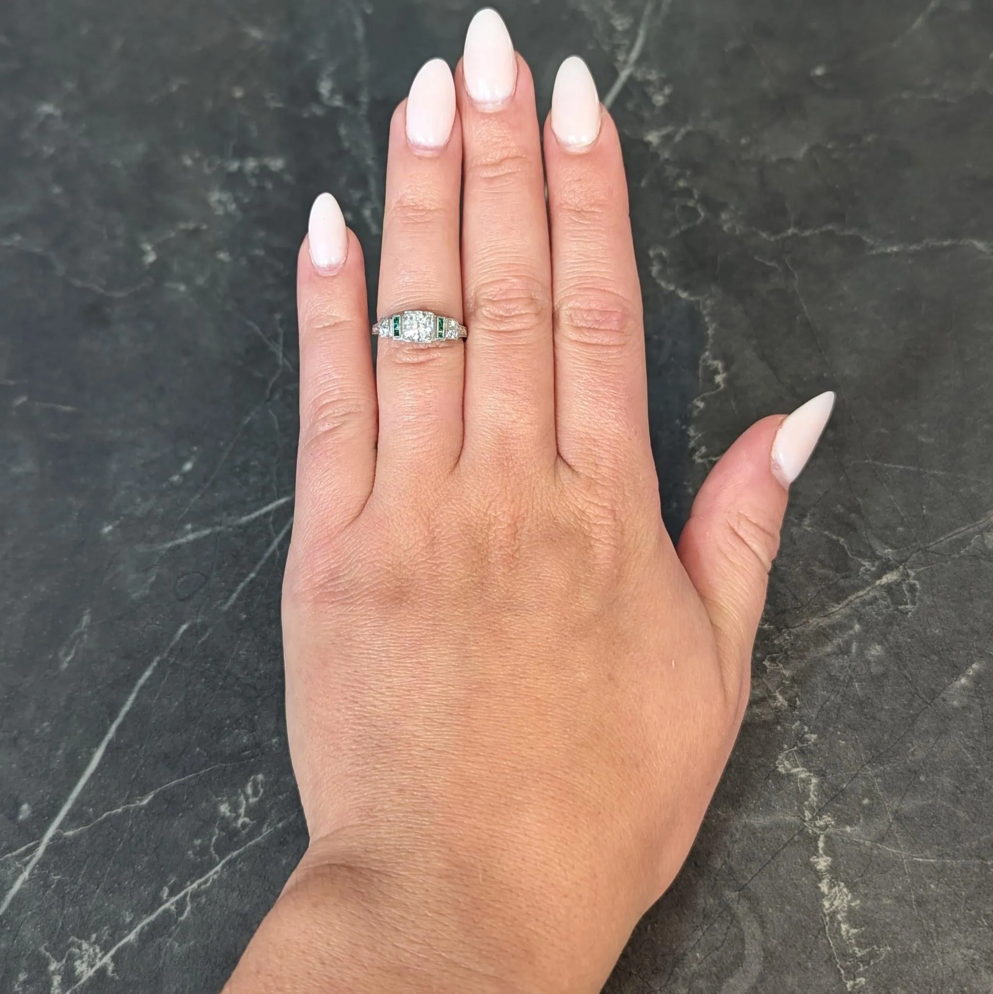 Mid-Century Old European Diamond Emerald 18 Karat White Gold Vintage Stepped Engagement Ring