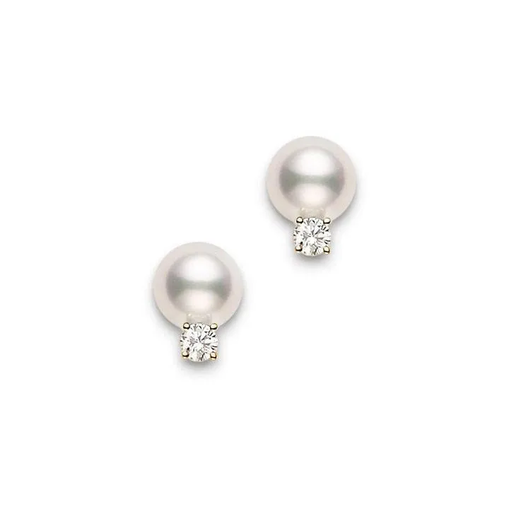 Mikimoto 6mm Akoya Pearl and Diamond Yellow Gold Stud Earrings