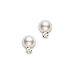 Mikimoto 6mm Akoya Pearl and Diamond Yellow Gold Stud Earrings