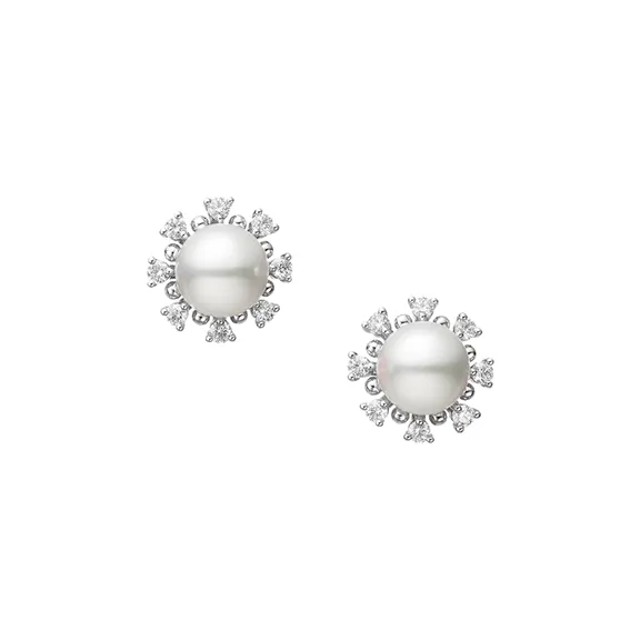 Mikimoto White Gold Akoya A  Pearl and Diamond Stud Earrings