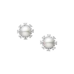 Mikimoto White Gold Akoya A  Pearl and Diamond Stud Earrings