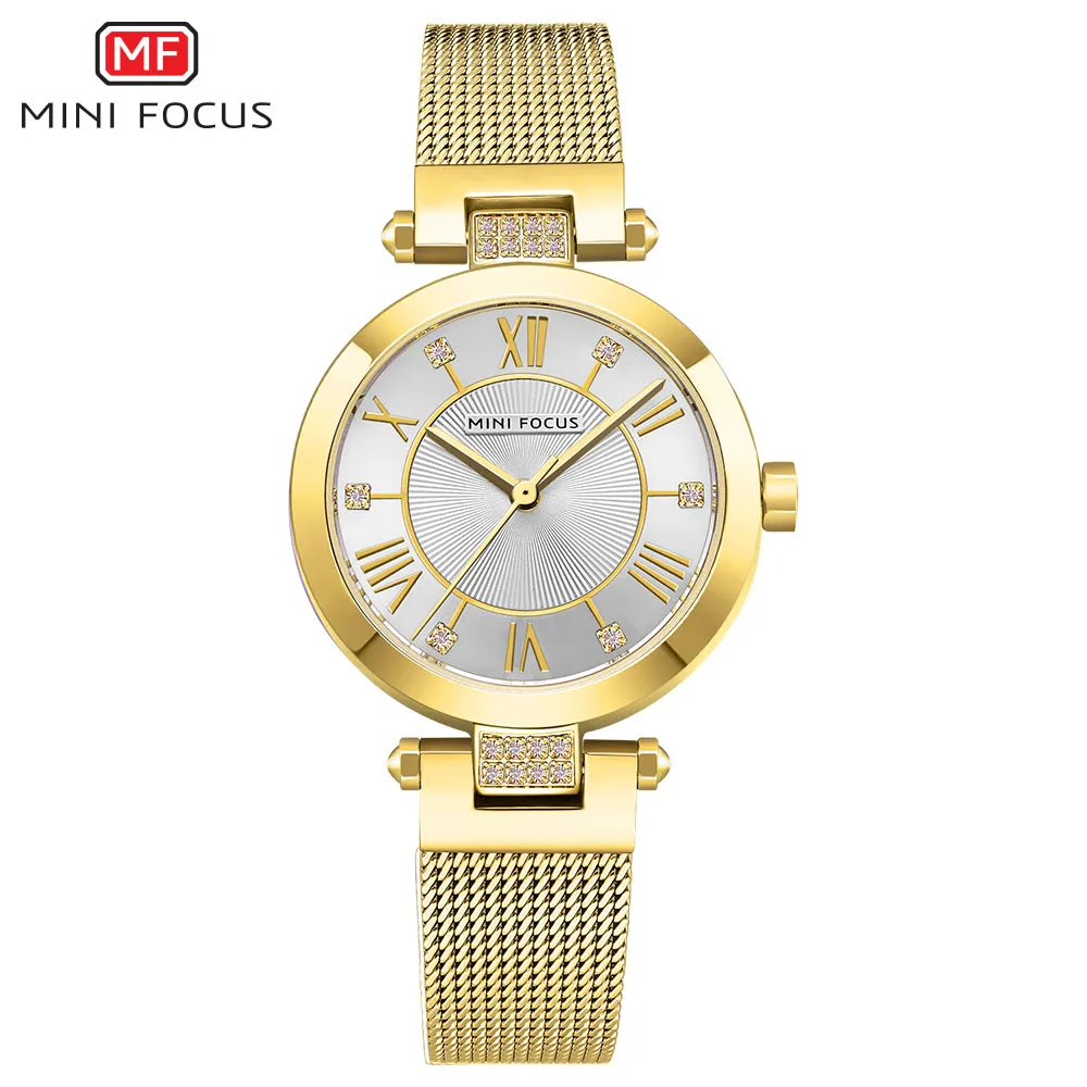 Mini Focus Gold Mesh Bracelet Silver Dial Quartz Watch for Ladies - MF0215L-01