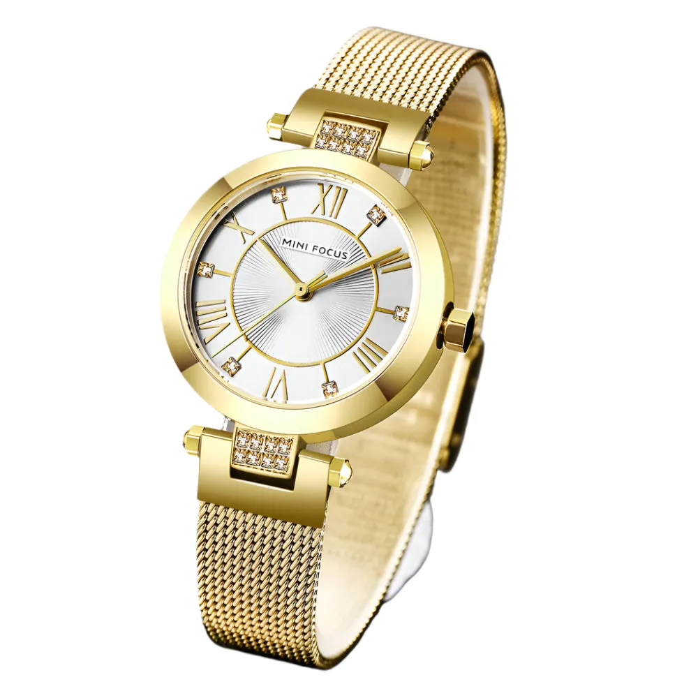 Mini Focus Gold Mesh Bracelet Silver Dial Quartz Watch for Ladies - MF0215L-01