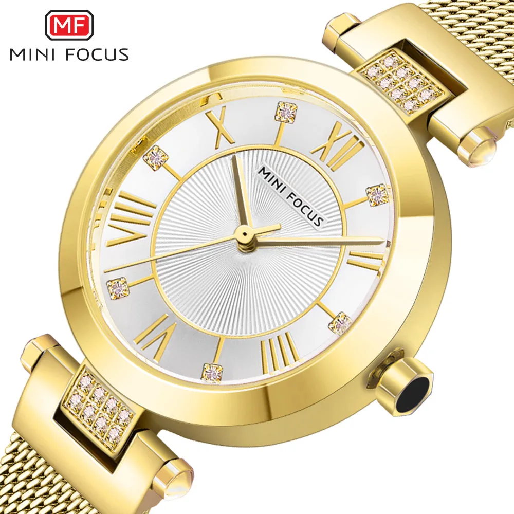Mini Focus Gold Mesh Bracelet Silver Dial Quartz Watch for Ladies - MF0215L-01