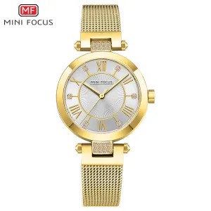 Mini Focus Gold Mesh Bracelet Silver Dial Quartz Watch for Ladies - MF0215L-01