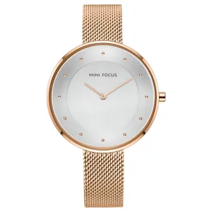 Mini Focus Rose Gold Mesh Bracelet Silver Dial Quartz Watch for Ladies - MF0179L-01