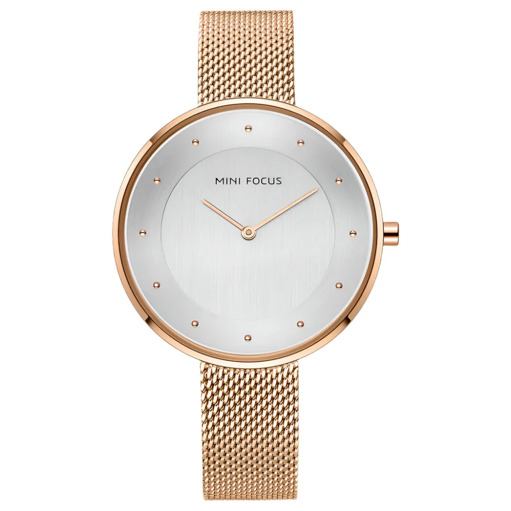 Mini Focus Rose Gold Mesh Bracelet Silver Dial Quartz Watch for Ladies - MF0179L-01