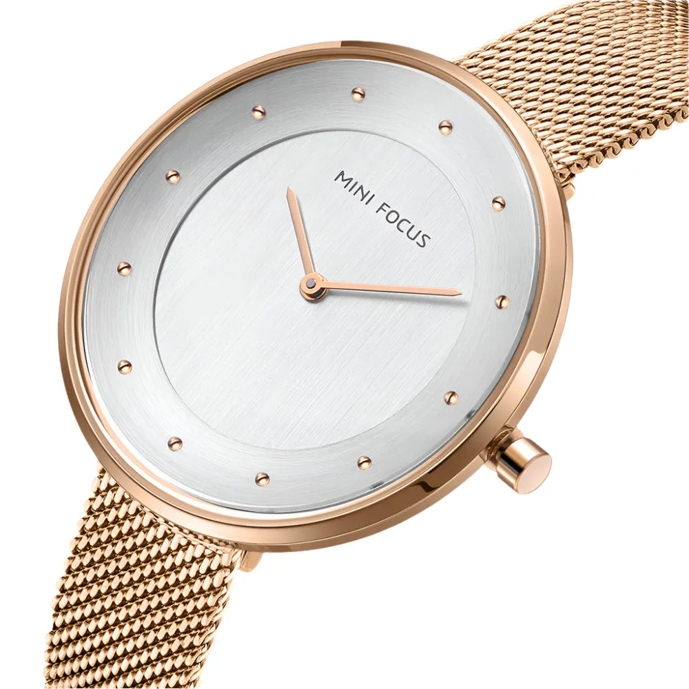 Mini Focus Rose Gold Mesh Bracelet Silver Dial Quartz Watch for Ladies - MF0179L-01