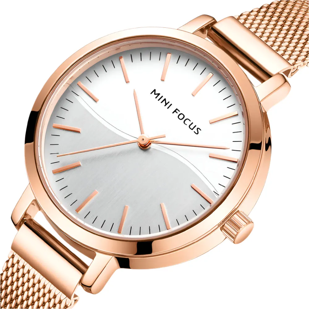 Mini Focus Rose Gold Mesh Bracelet Silver Dial Quartz Watch for Ladies - MF0261L-01