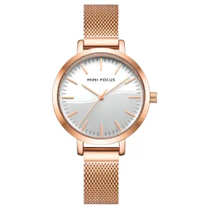 Mini Focus Rose Gold Mesh Bracelet Silver Dial Quartz Watch for Ladies - MF0261L-01