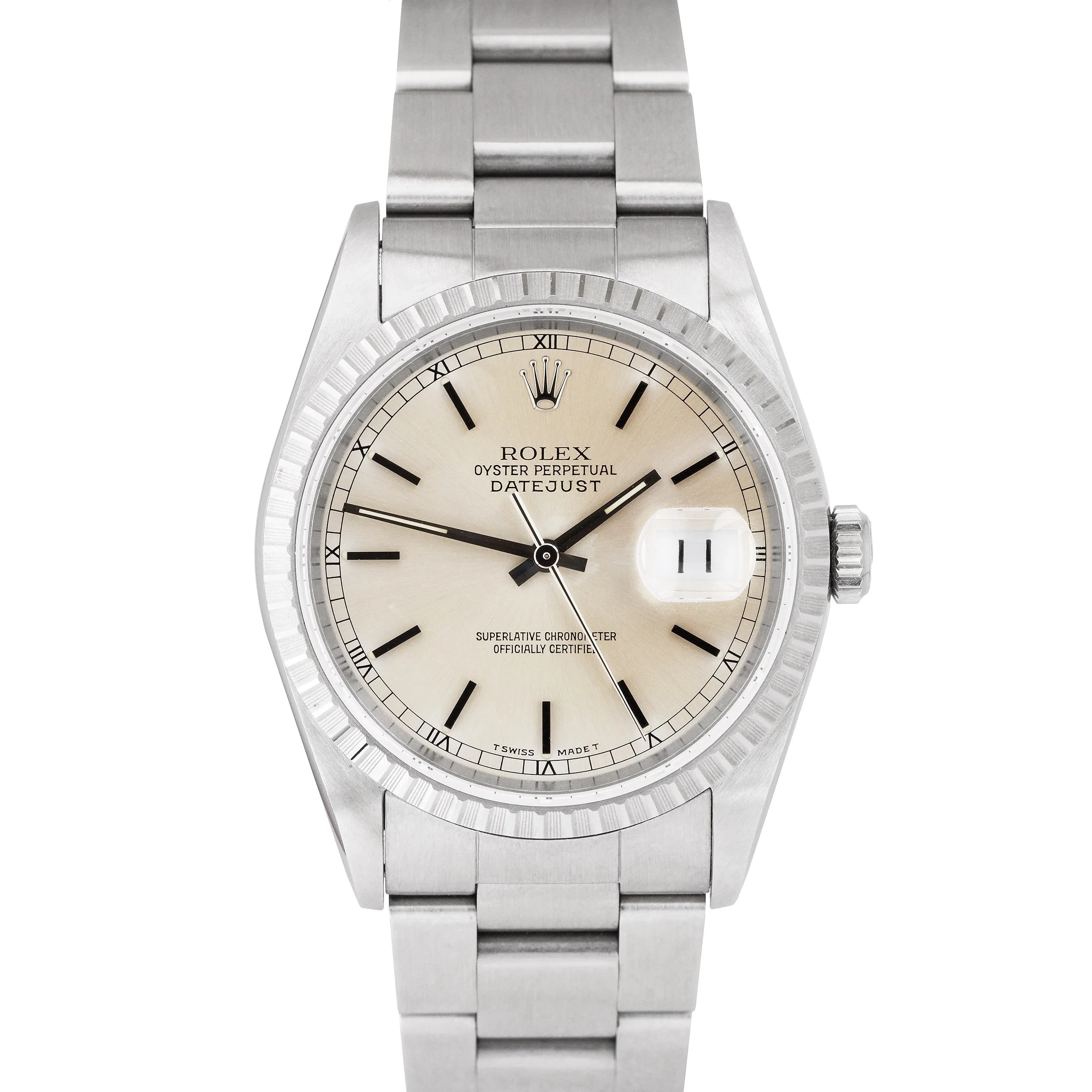 MINT UNPOLISHED Rolex DateJust 36mm Silver Engine Turned Stainless Watch 16220