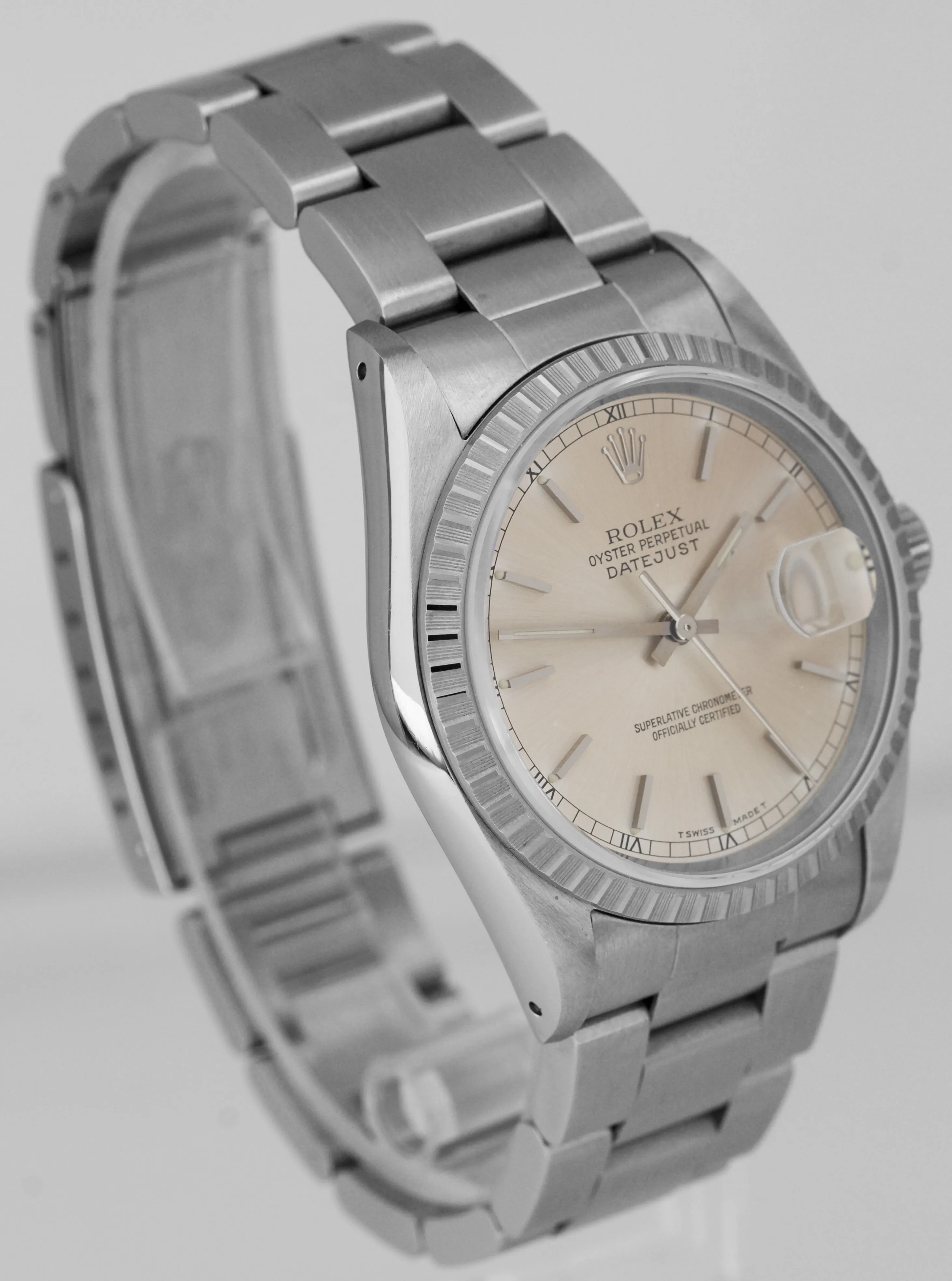 MINT UNPOLISHED Rolex DateJust 36mm Silver Engine Turned Stainless Watch 16220