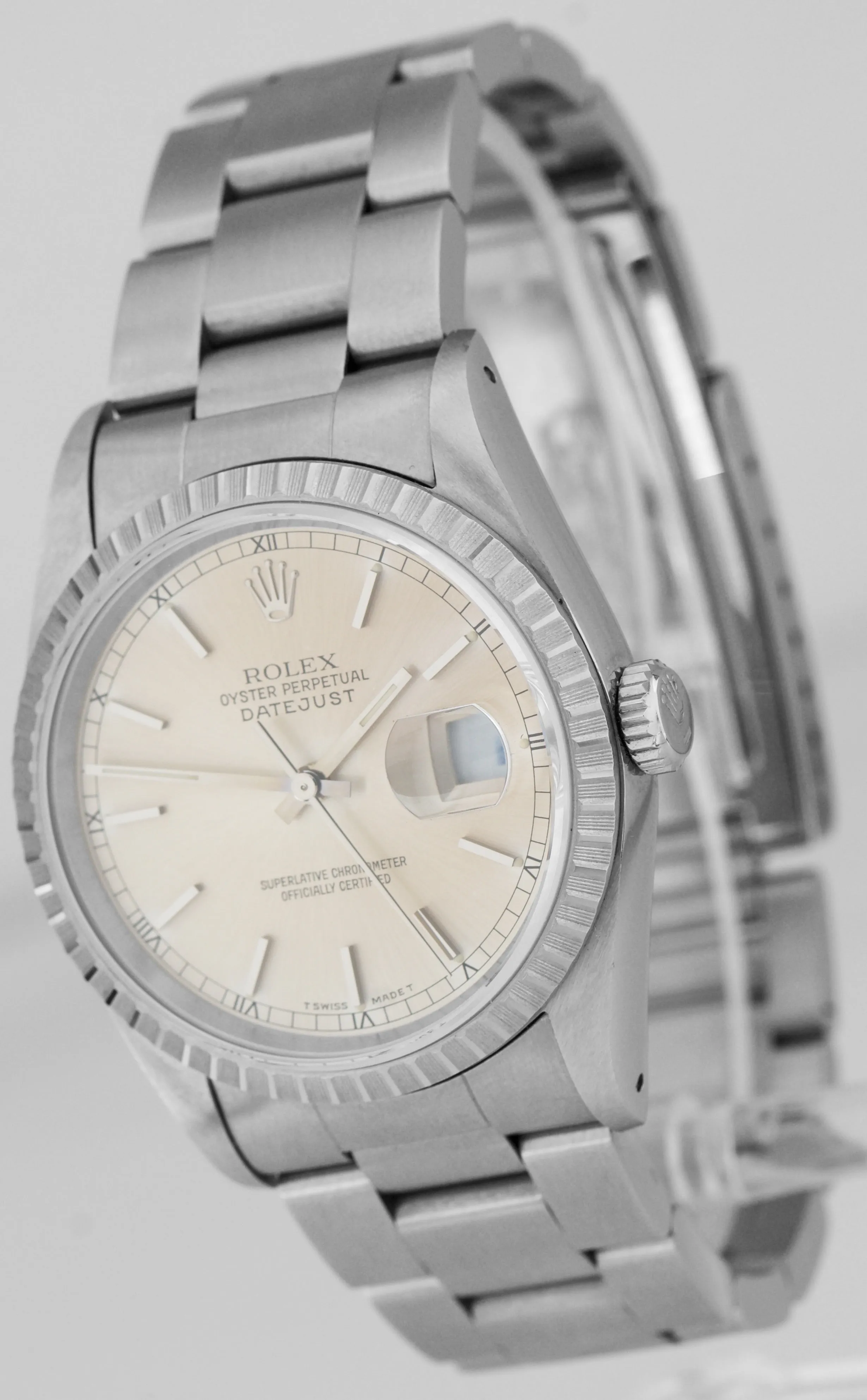 MINT UNPOLISHED Rolex DateJust 36mm Silver Engine Turned Stainless Watch 16220