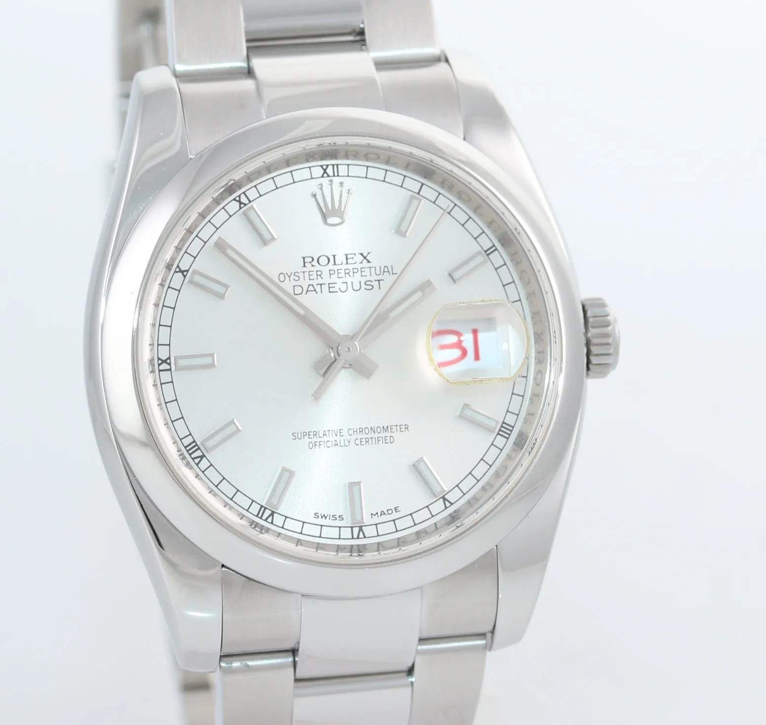 MINT WARRANTY PAPERS Rolex DateJust Silver Stick 116200 36mm Oyster Steel Watch