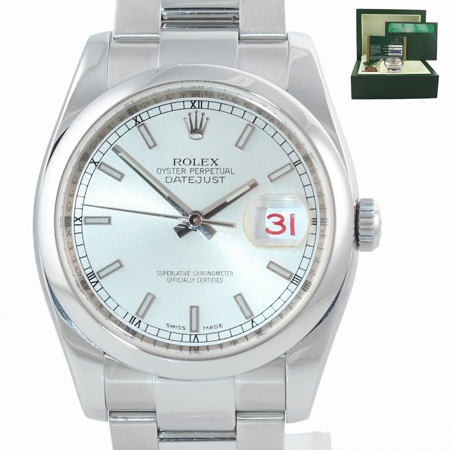 MINT WARRANTY PAPERS Rolex DateJust Silver Stick 116200 36mm Oyster Steel Watch