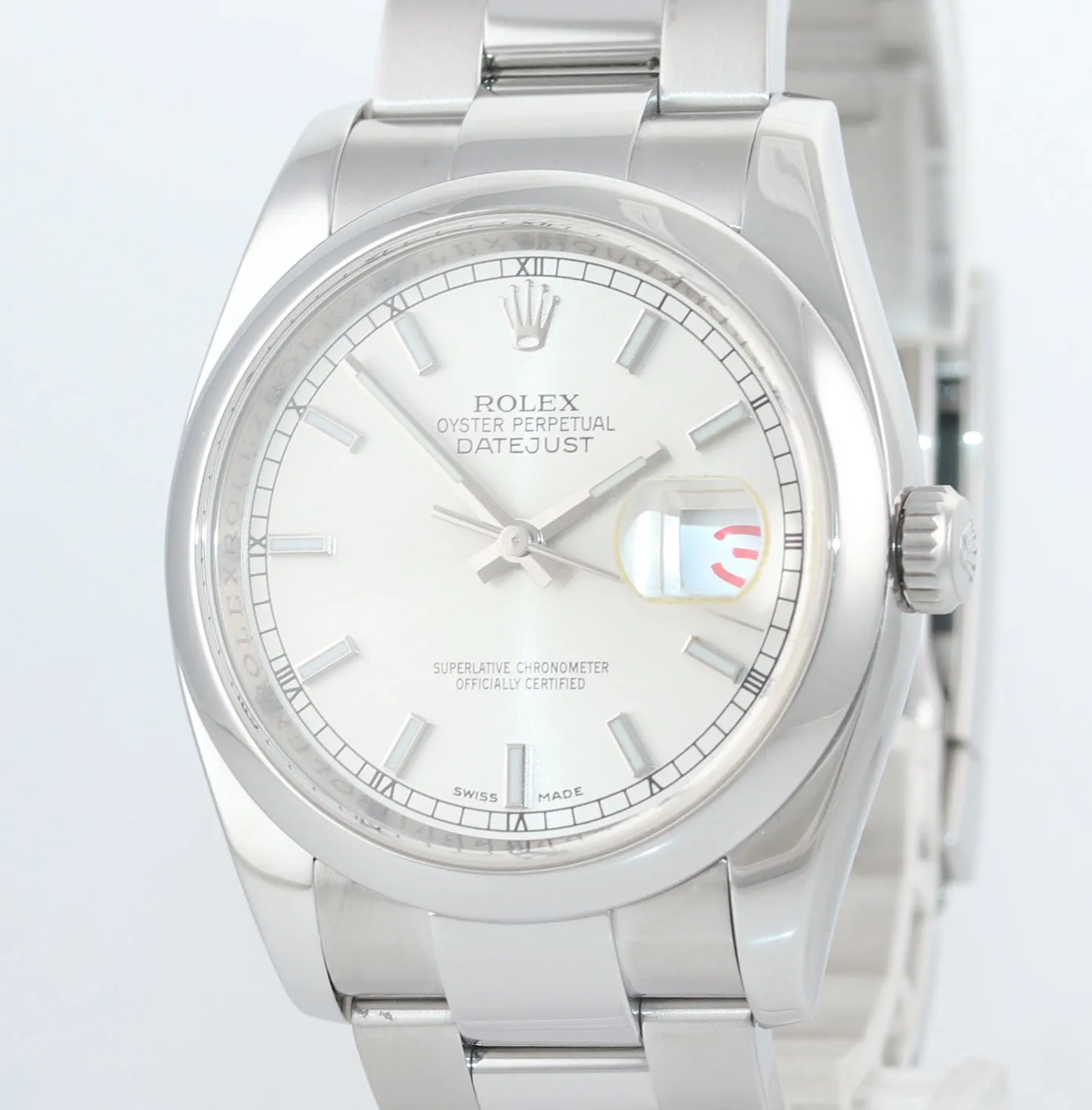 MINT WARRANTY PAPERS Rolex DateJust Silver Stick 116200 36mm Oyster Steel Watch