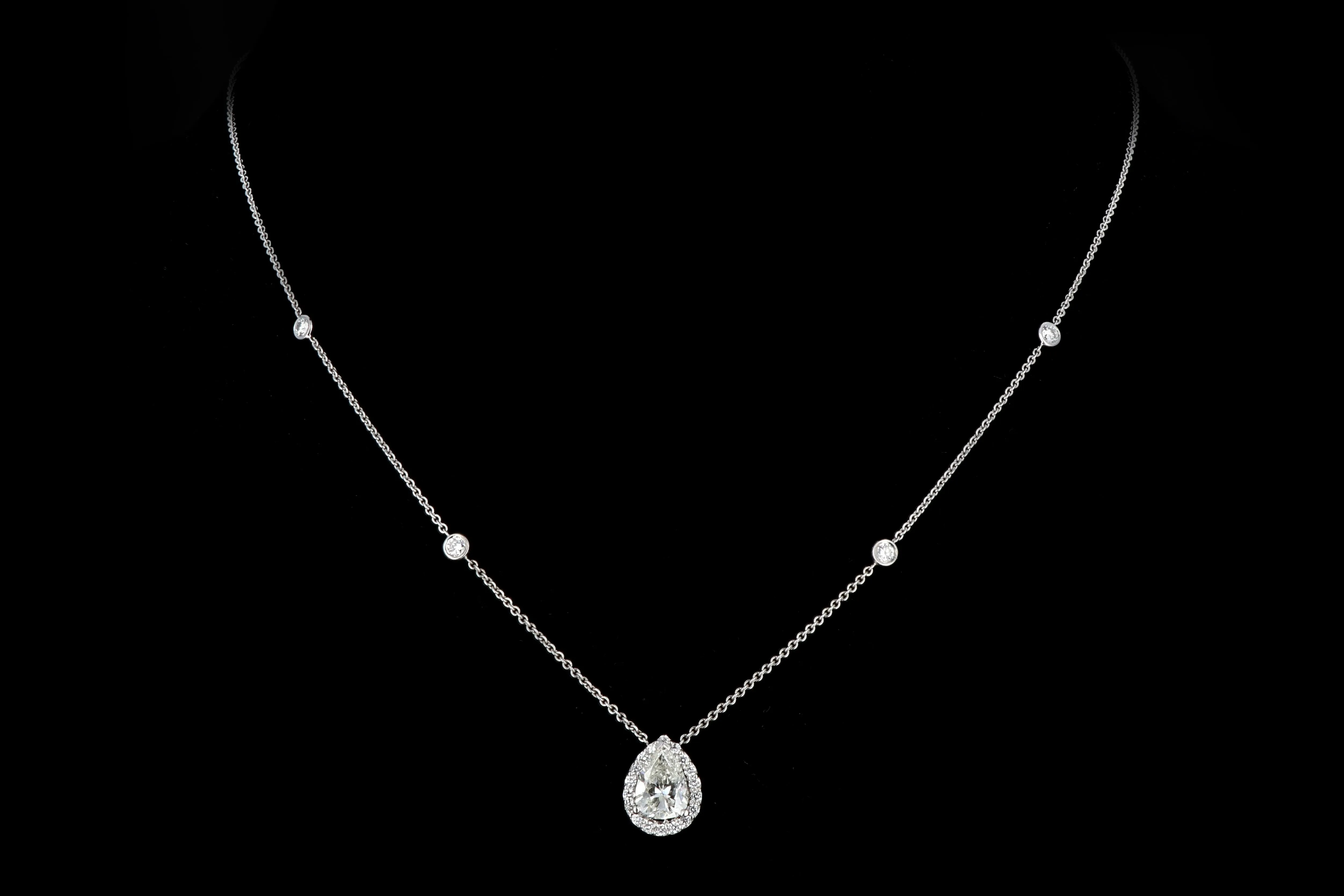 Modern 14K White Gold 1.20 Carat Pear Shaped Diamond Halo Pendant Necklace