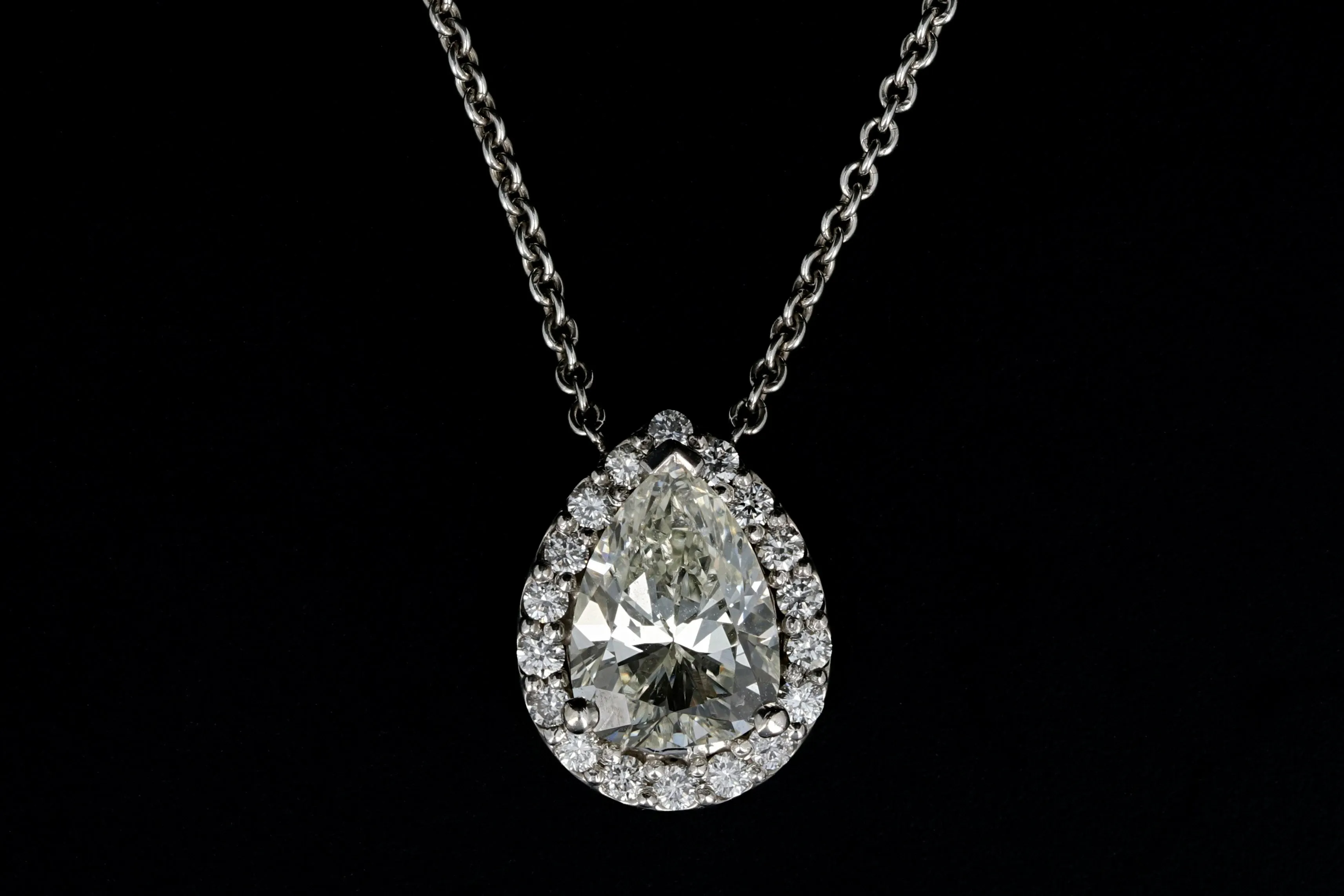 Modern 14K White Gold 1.20 Carat Pear Shaped Diamond Halo Pendant Necklace