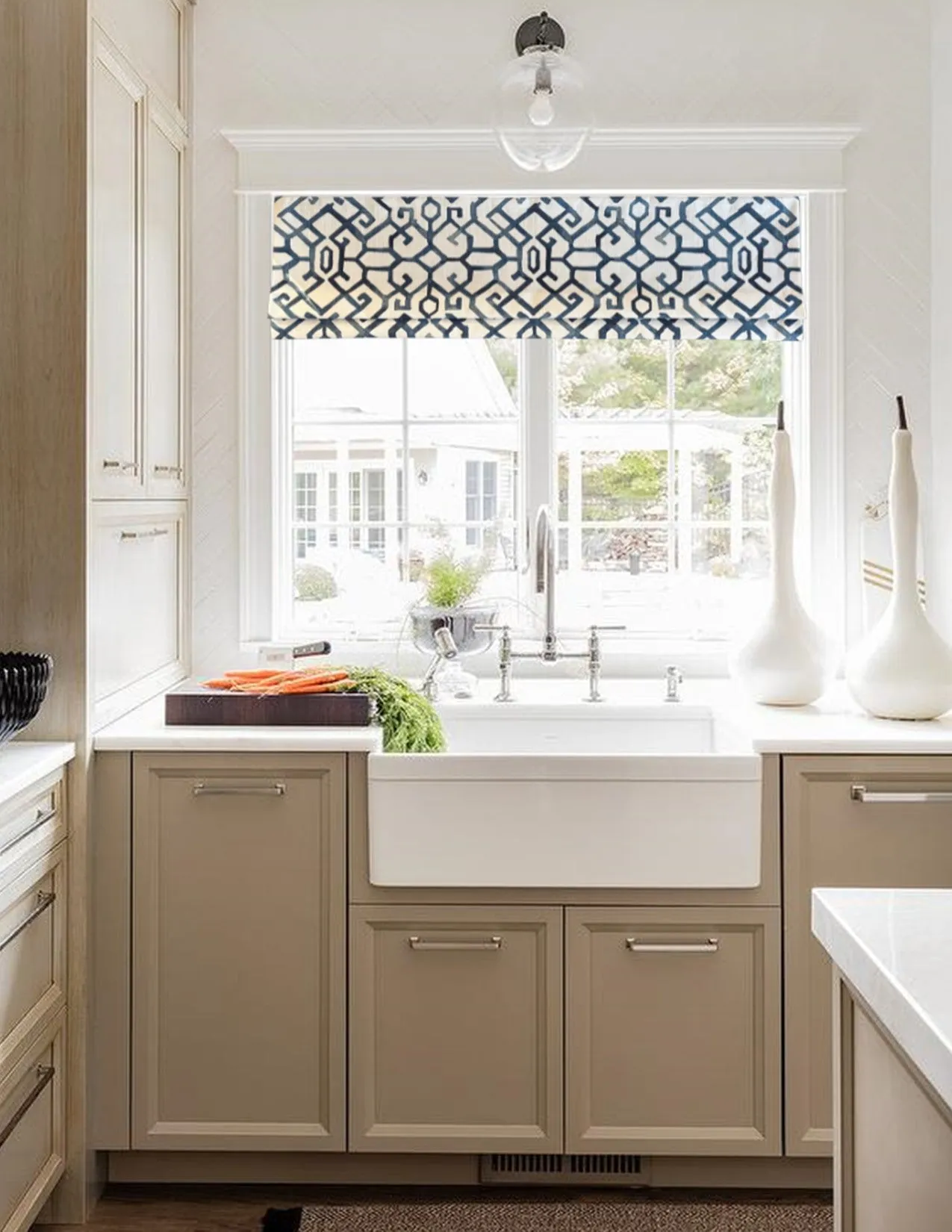 Modern Single Fold Roman Valance in Blue and White Geometric Print, Fully Lined, 100% Cotton, Custom Made Window Treatments