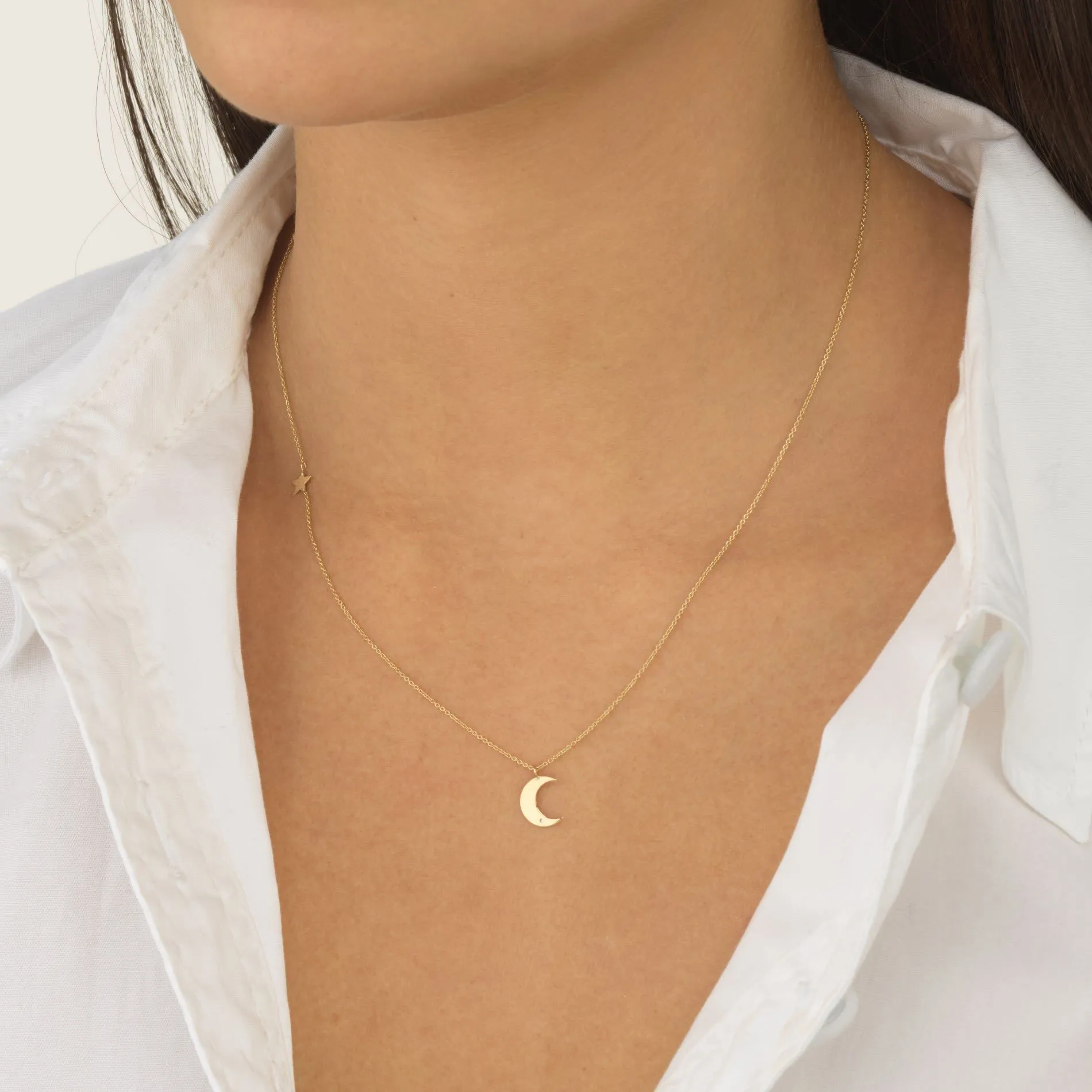 Moon & Star Pendant Necklace 14K