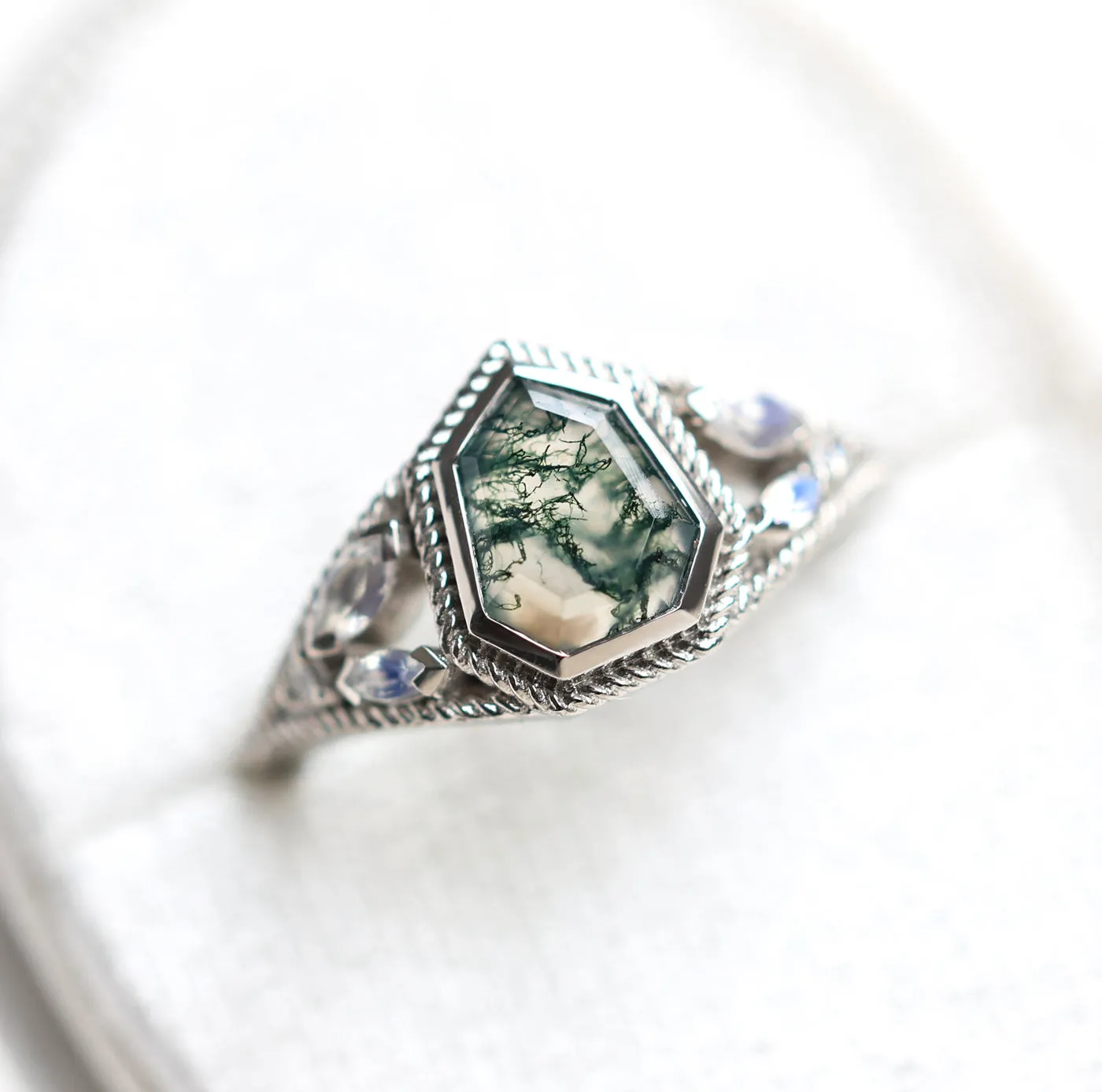 Moss Agate Engagement Ring with Moonstones