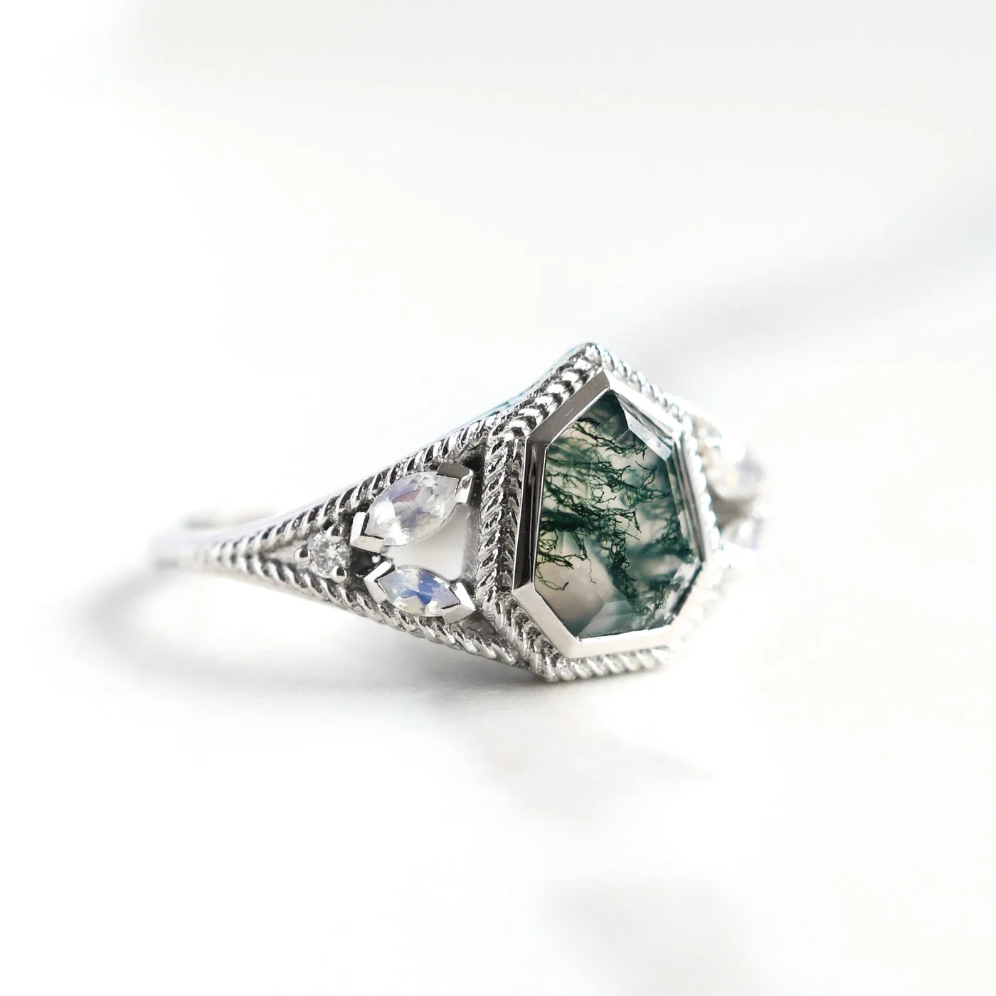 Moss Agate Engagement Ring with Moonstones