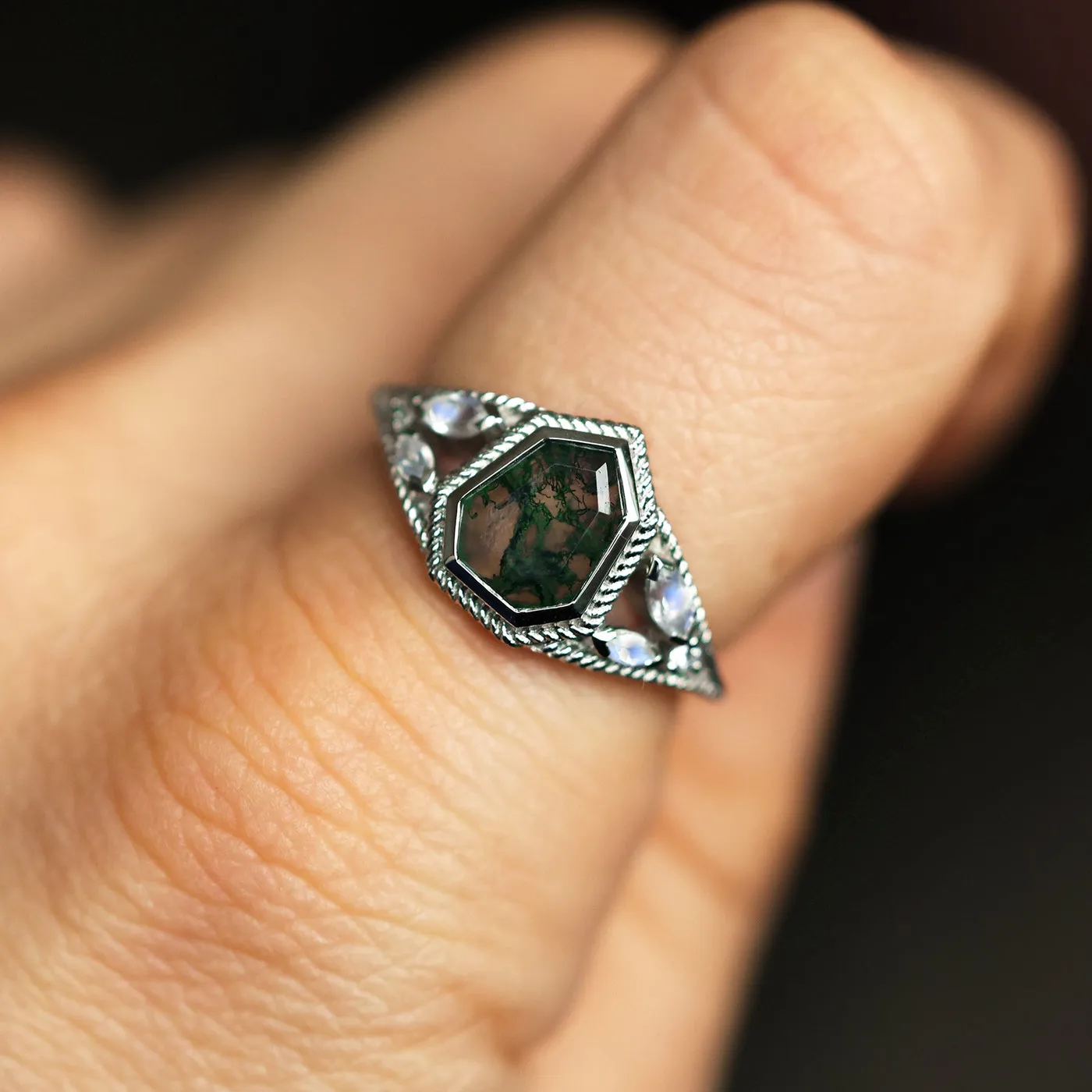 Moss Agate Engagement Ring with Moonstones