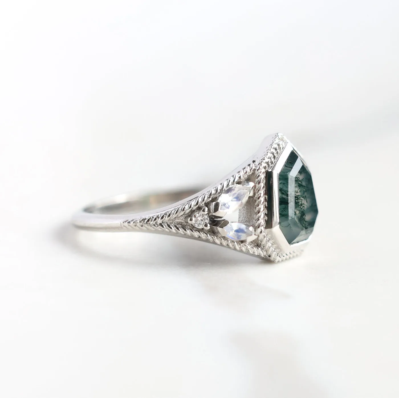 Moss Agate Engagement Ring with Moonstones