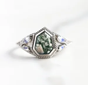 Moss Agate Engagement Ring with Moonstones