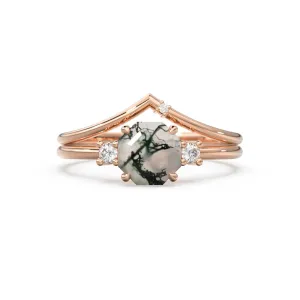 Moss Agate Opal Engagement Ring, Rustic Hexagon Gemstone Ring, Alternative Organic Octagon Wedding Ring, Diamond Solid Gold Bridal Ring Set