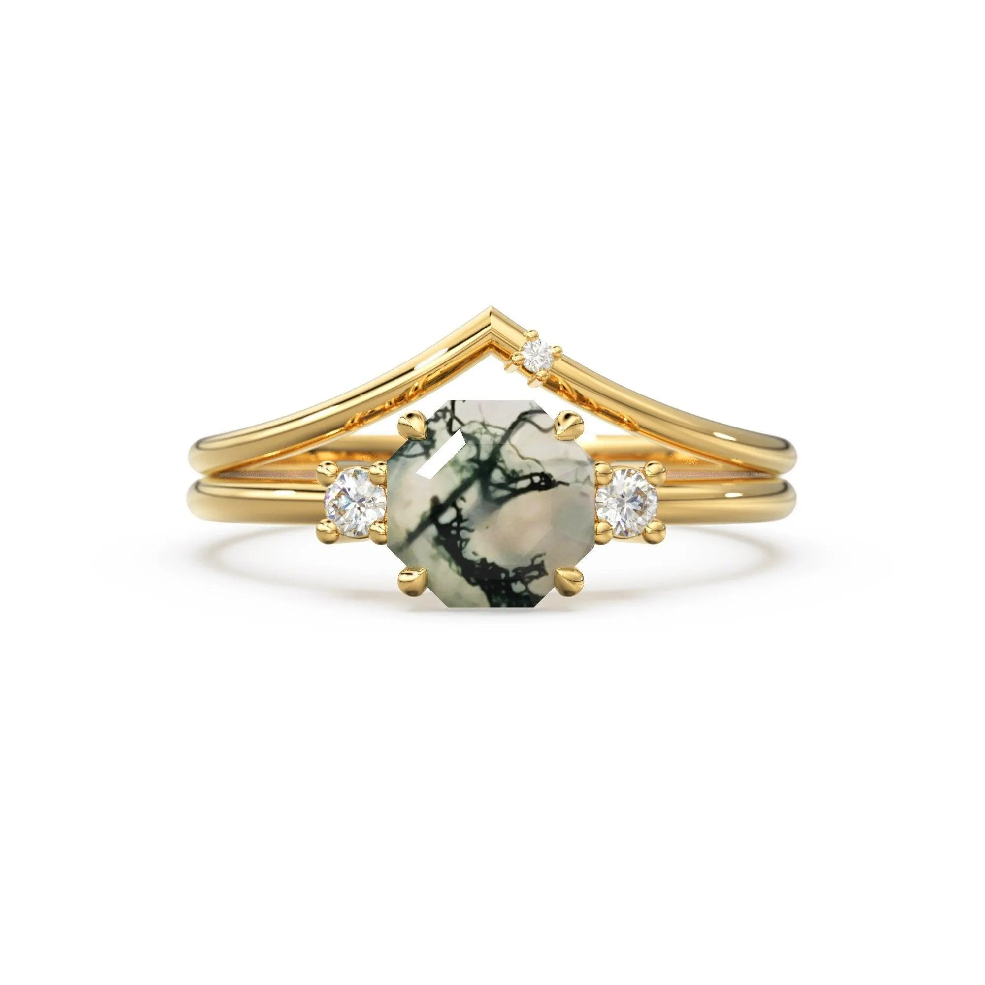 Moss Agate Opal Engagement Ring, Rustic Hexagon Gemstone Ring, Alternative Organic Octagon Wedding Ring, Diamond Solid Gold Bridal Ring Set