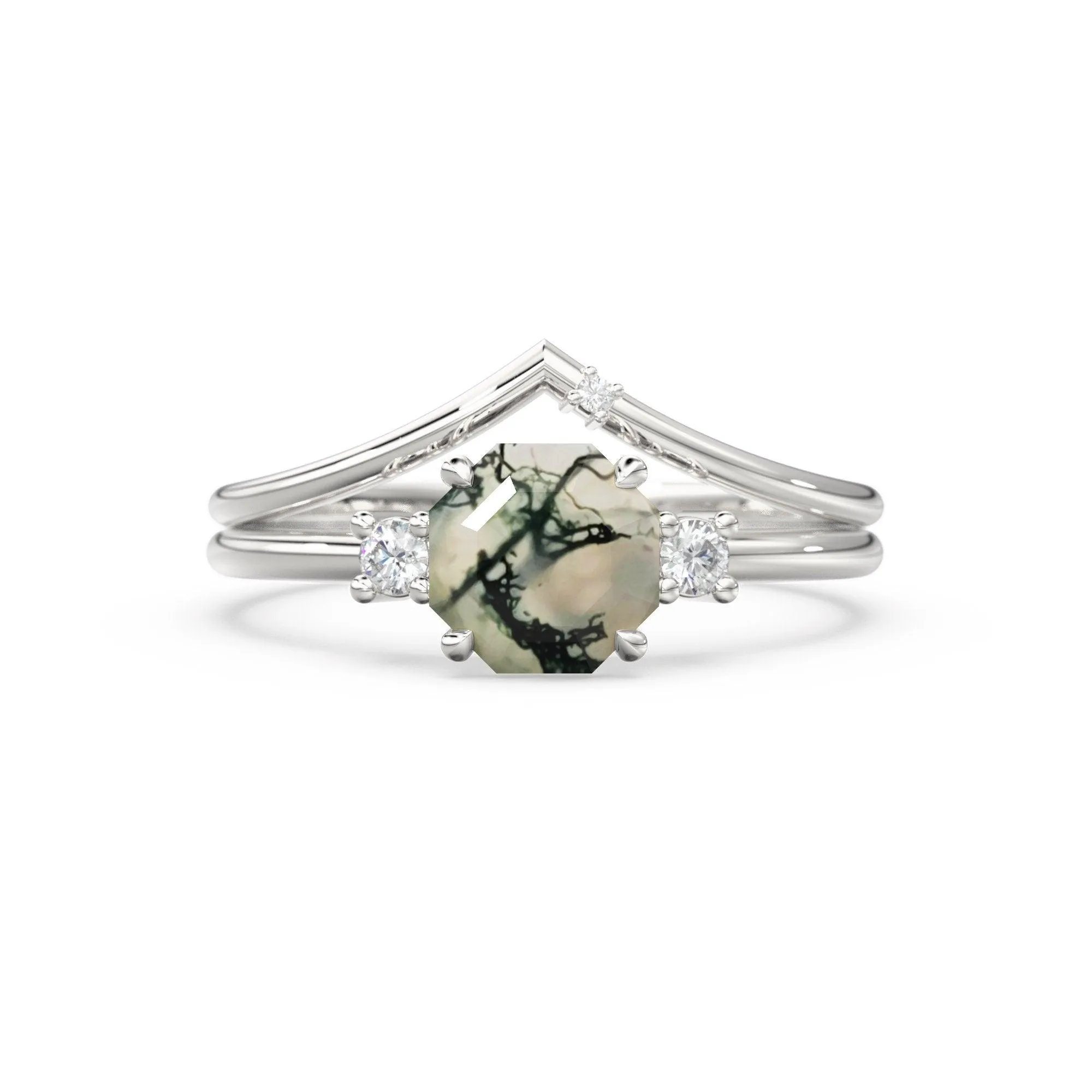 Moss Agate Opal Engagement Ring, Rustic Hexagon Gemstone Ring, Alternative Organic Octagon Wedding Ring, Diamond Solid Gold Bridal Ring Set