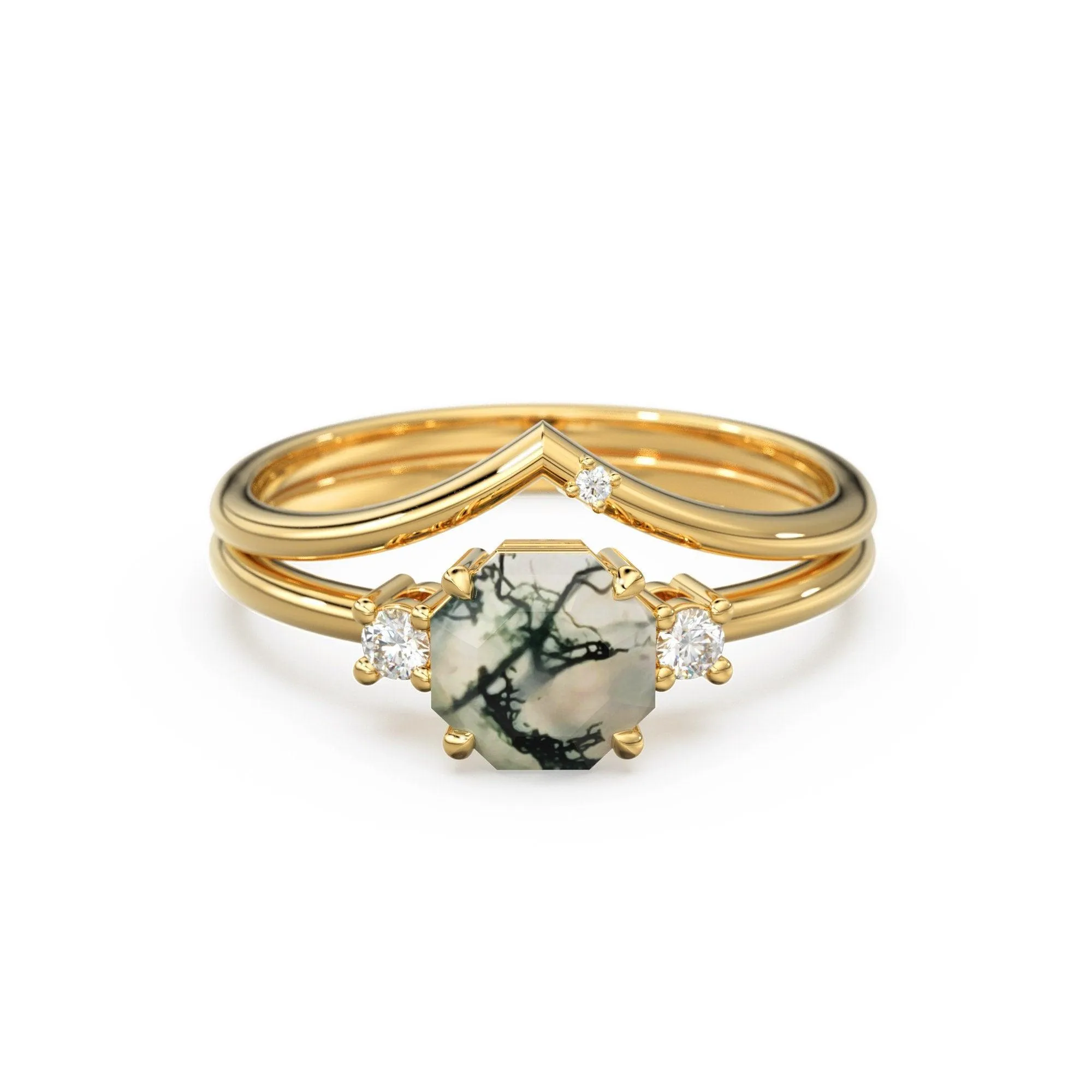 Moss Agate Opal Engagement Ring, Rustic Hexagon Gemstone Ring, Alternative Organic Octagon Wedding Ring, Diamond Solid Gold Bridal Ring Set