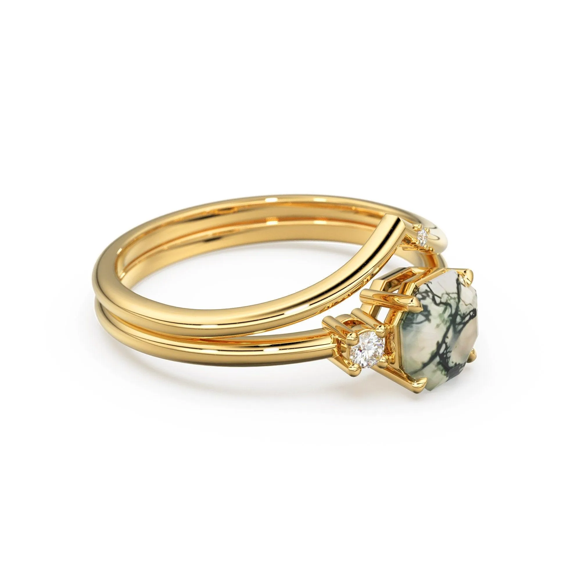 Moss Agate Opal Engagement Ring, Rustic Hexagon Gemstone Ring, Alternative Organic Octagon Wedding Ring, Diamond Solid Gold Bridal Ring Set