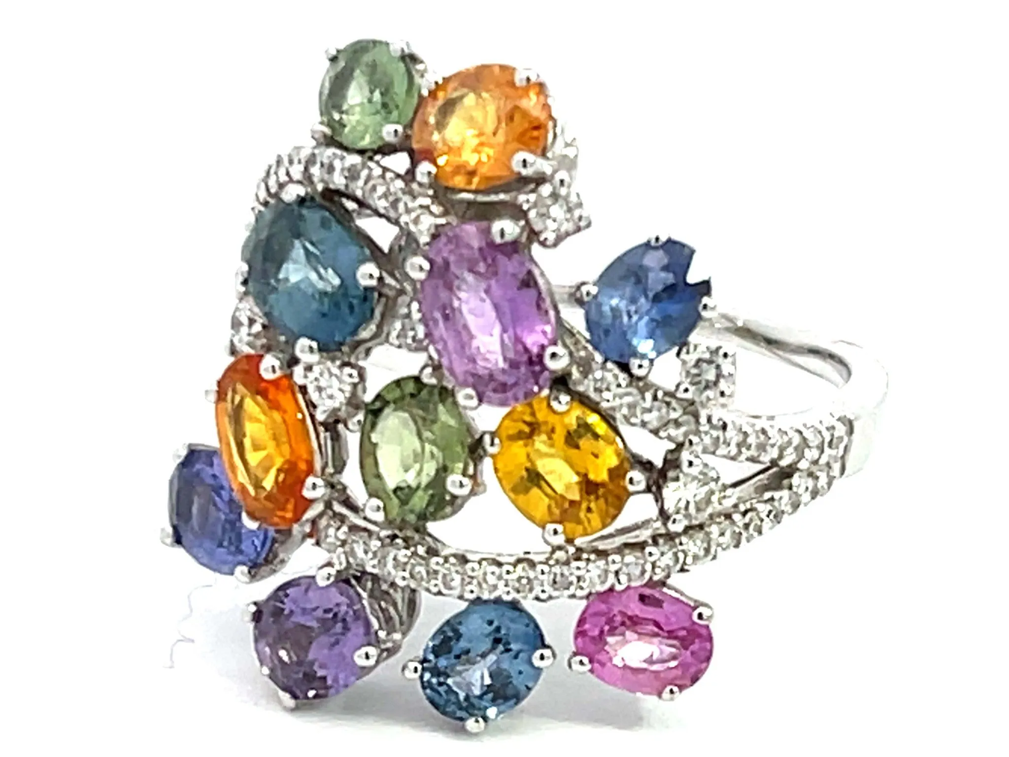 MultiGem and Diamond Cocktail Ring in 18k White Gold