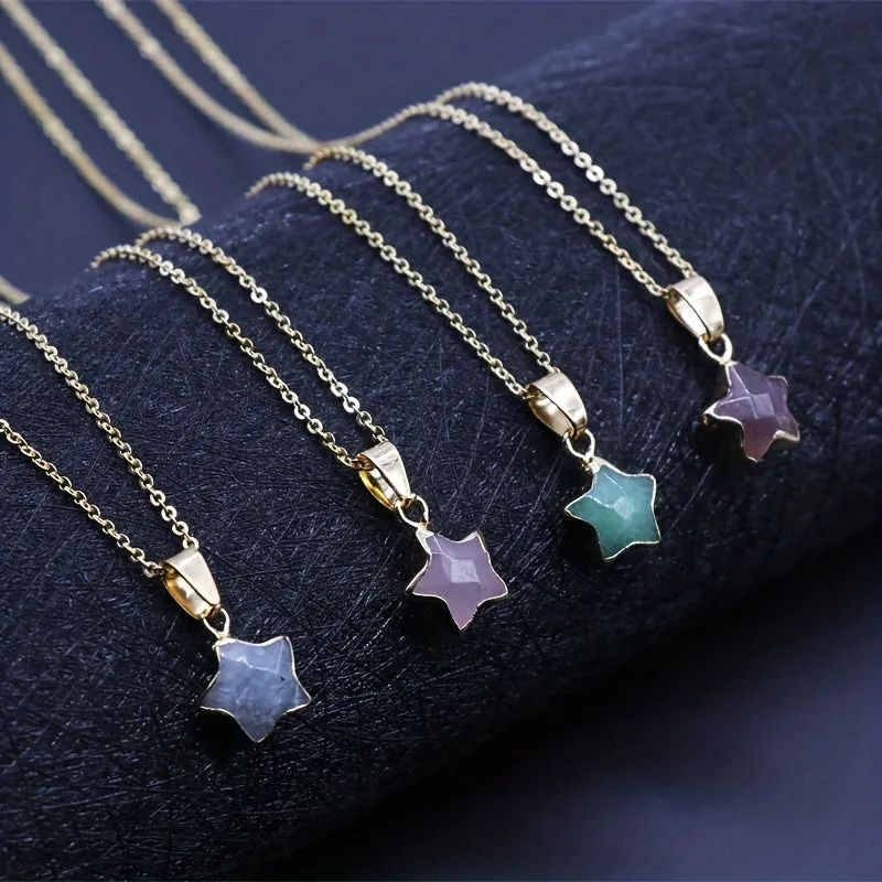 Natural Crystal Star Stone Pendant Necklace Healing Gemstone Pendant with Chain
