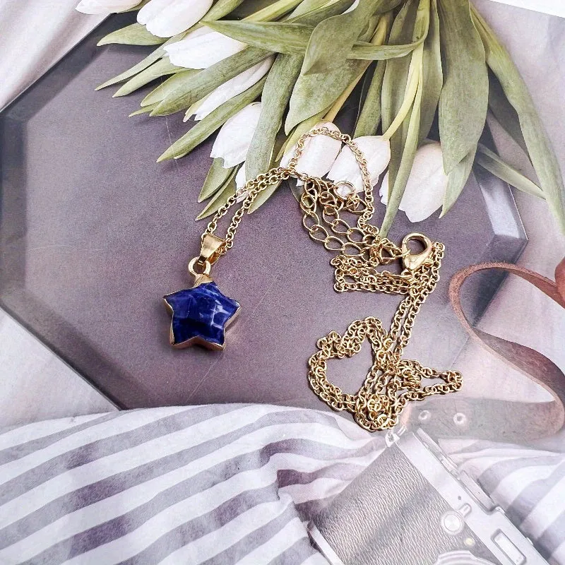 Natural Crystal Star Stone Pendant Necklace Healing Gemstone Pendant with Chain