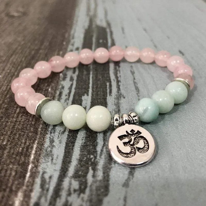 Natural Rose Quartz & Amazonite Gemstone Bead Mala Bracelet