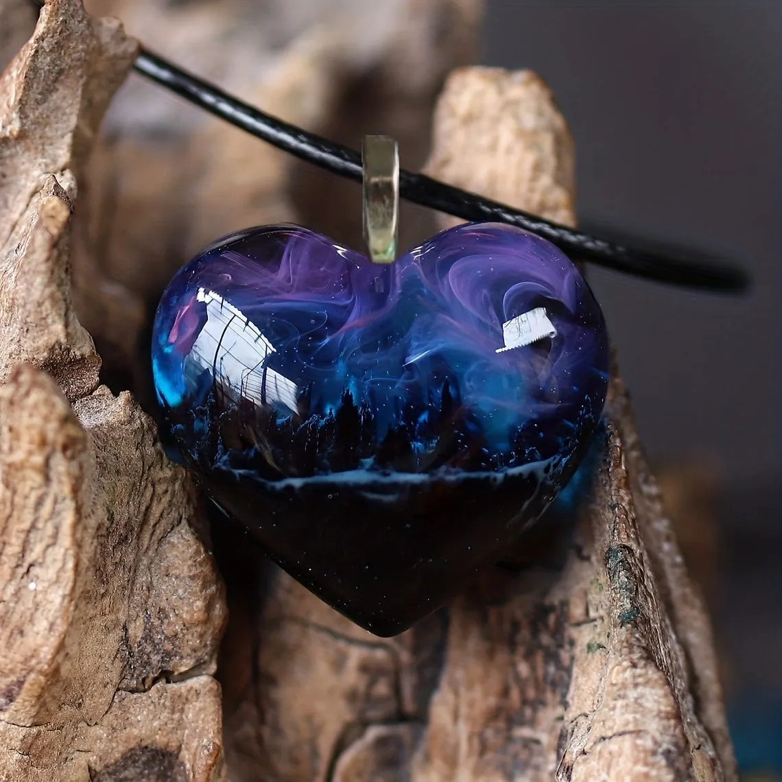 Nature Scenery Mountain River River Purple Starry Love Heart Shape Pendant N