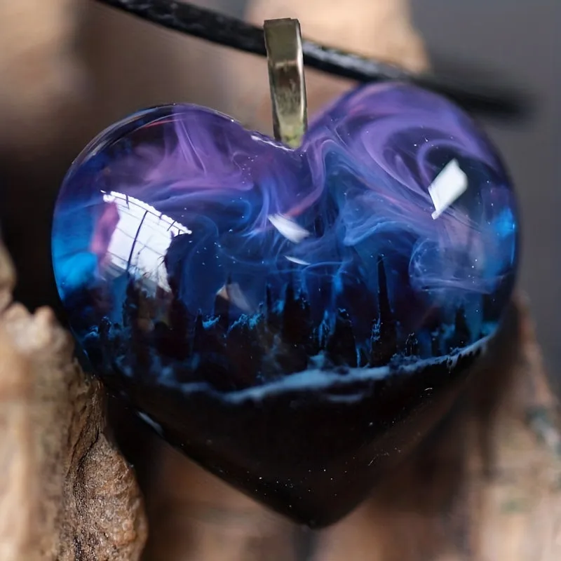 Nature Scenery Mountain River River Purple Starry Love Heart Shape Pendant N