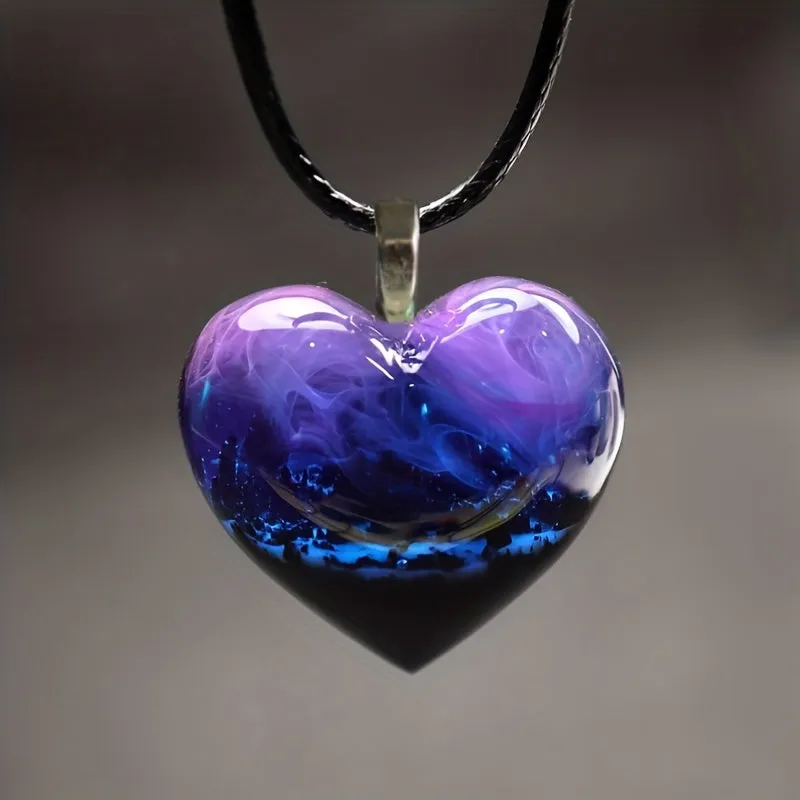 Nature Scenery Mountain River River Purple Starry Love Heart Shape Pendant N