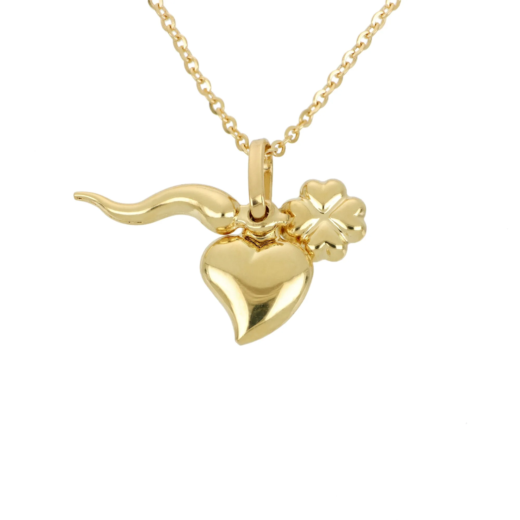 Necklace with heart, four-leaf clover and horn