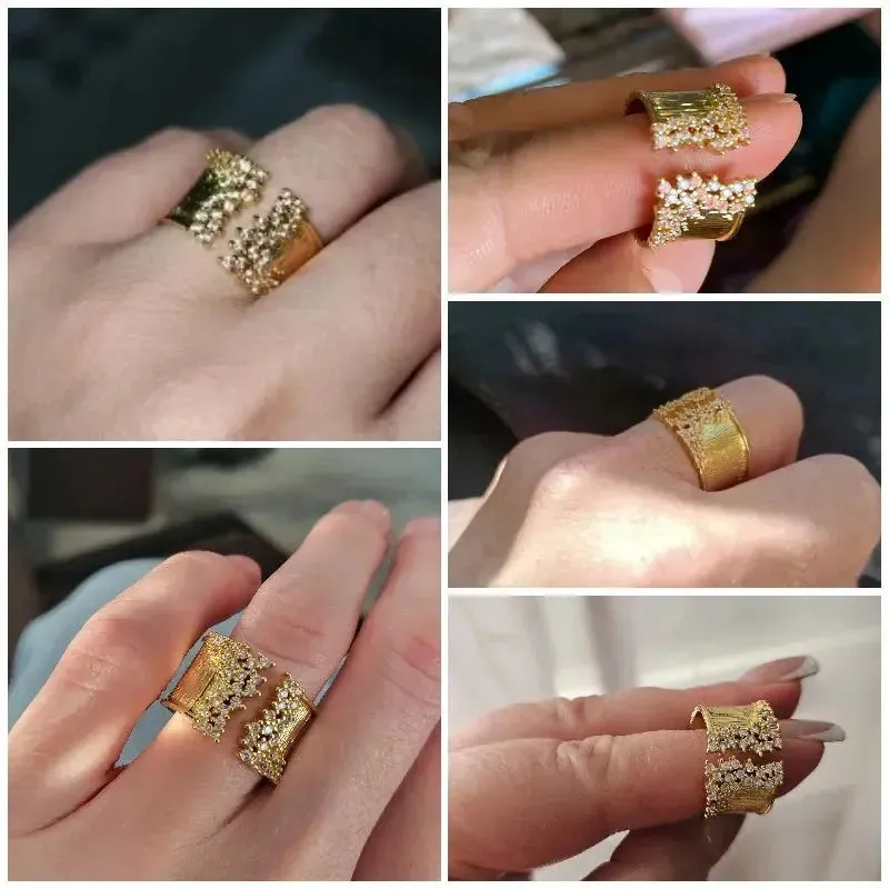 New Fashion Women's Finger Ring with CZ Stone Wiredrawing Effect Gold Color Wide Rings Luxury Female Jewelry Party